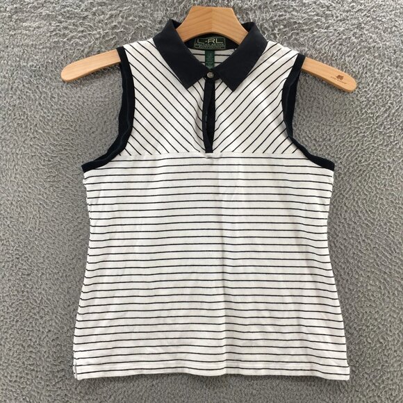 Ralph Lauren Sleeveless Polo Shirt Womens L White Blue Collared Striped Casual - Picture 1 of 14